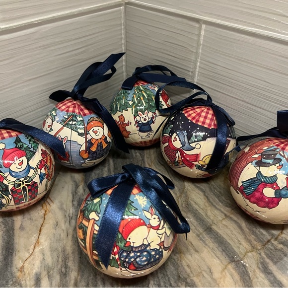 Vintage 6 Snowman Frosty Gingham Christmas Tree Decoupage Ball Ornaments - Picture 1 of 4